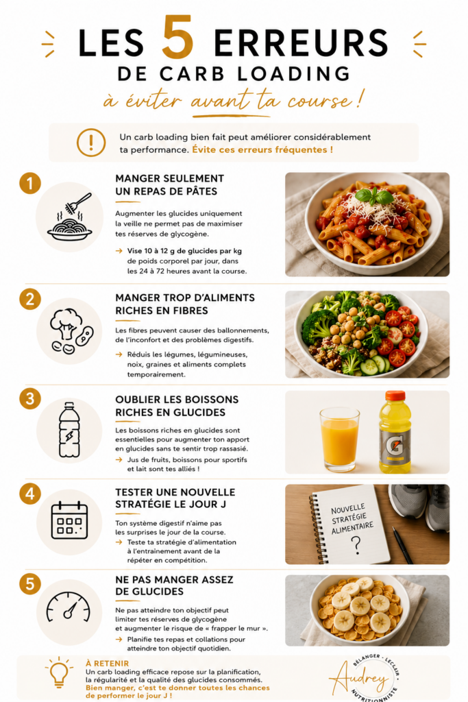 Infographie présentant les cinq erreurs les plus fréquentes à éviter lors d'un carb loading avant un marathon ou une course d'endurance.